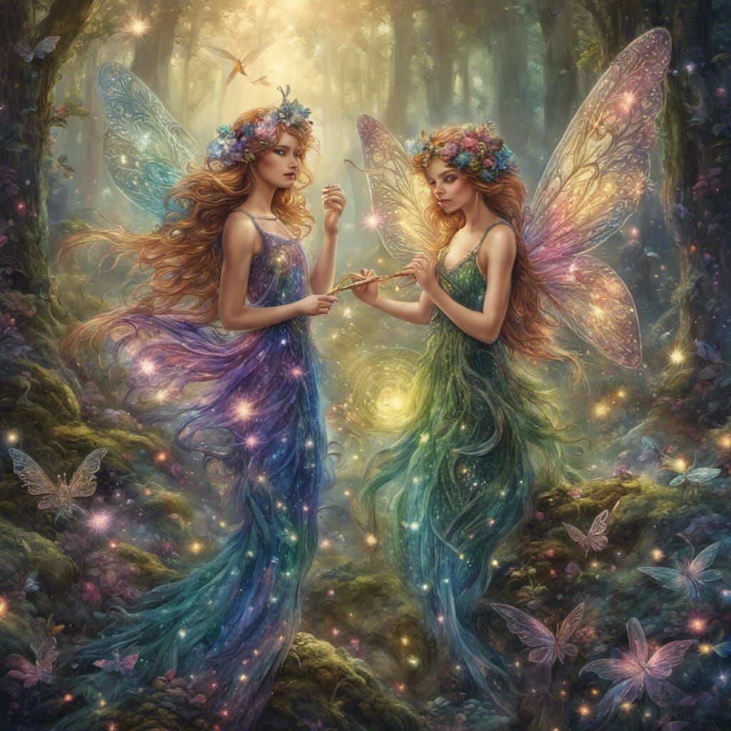 Two beautiful fairies, in a glittering fairy glade.