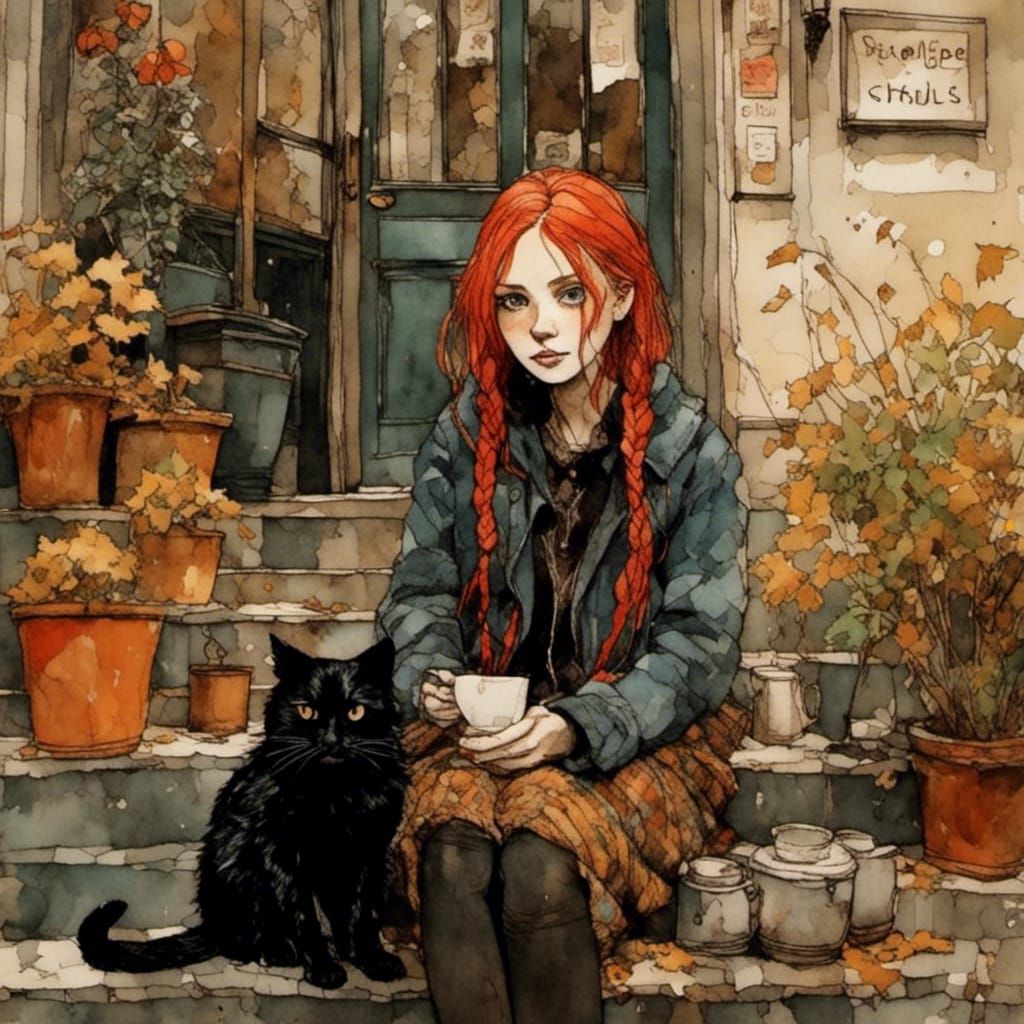 Red-Haired Girl with Cat: Naive Art Illustration