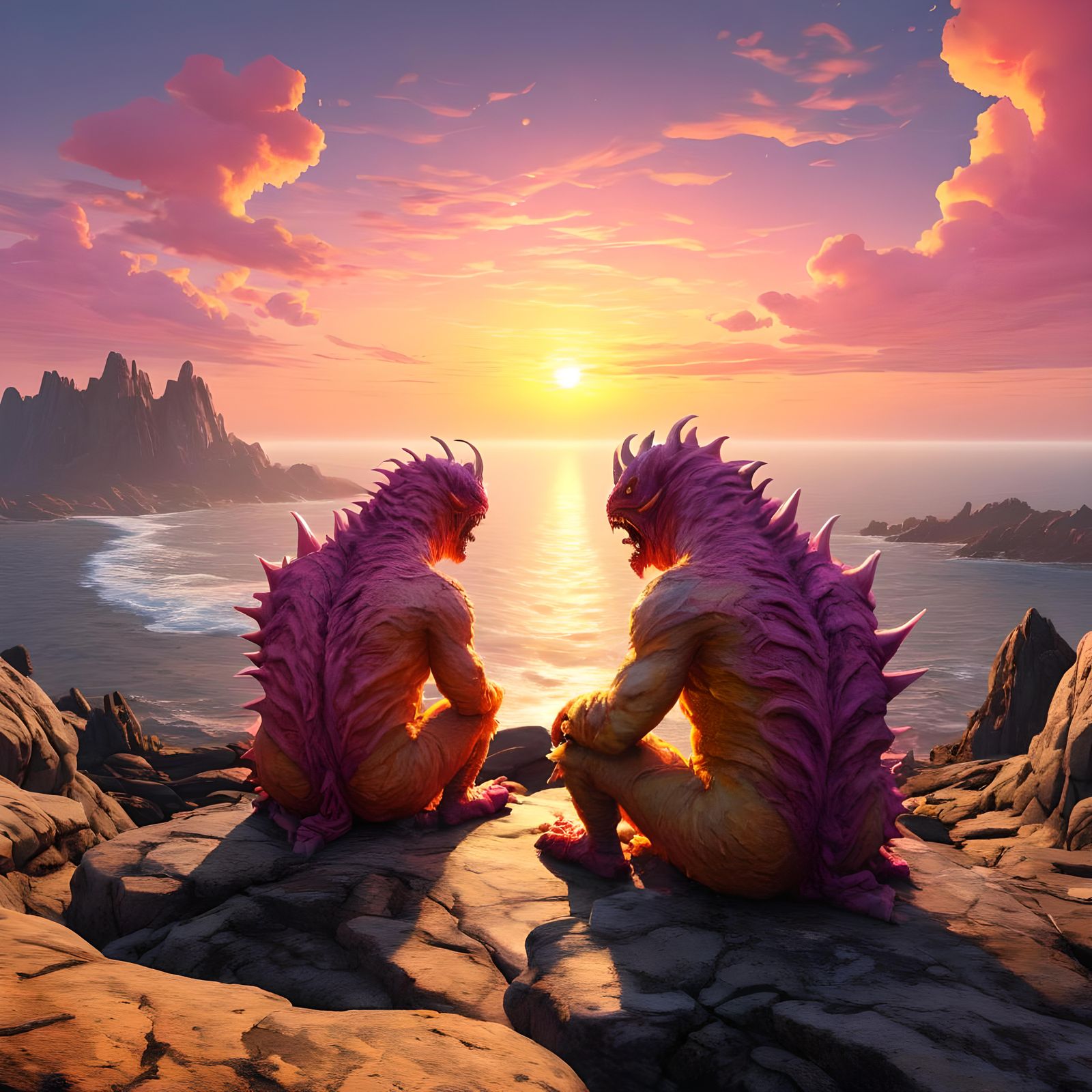 Monsters Enjoying Sunrise Over Ocean Plateau