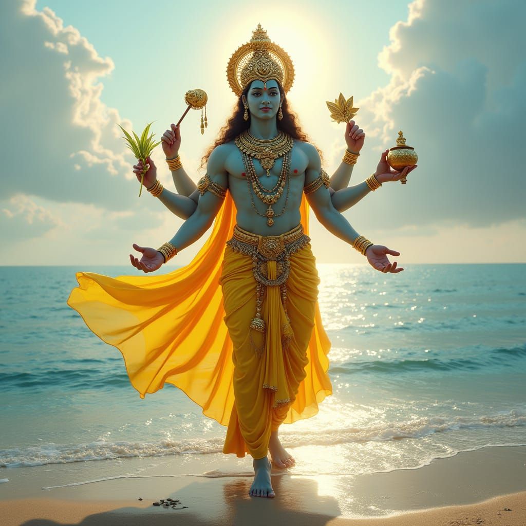 Lord Vishnu on Golden Shore in Digital Art Style