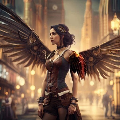Steampunk Angel in a Detailed Cityscape