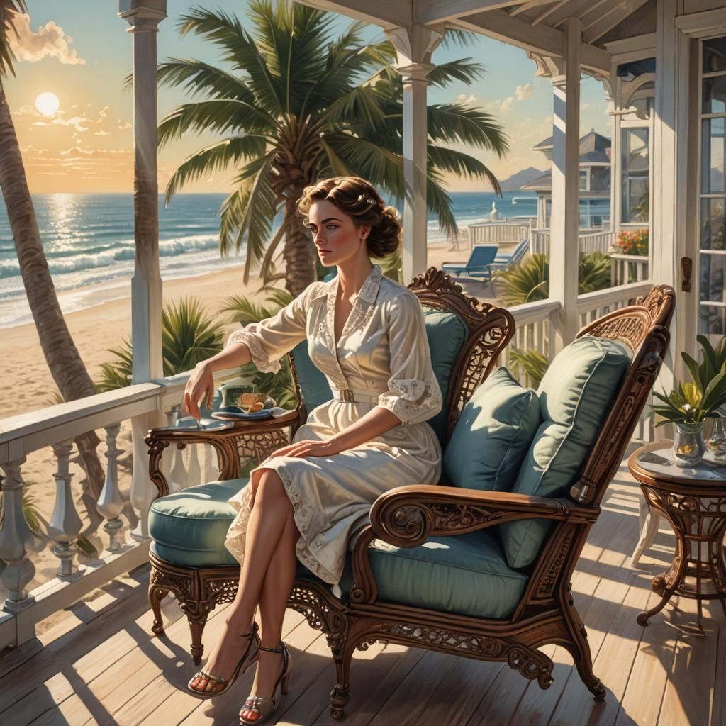 Victorian Woman Relaxing on Beach House Patio