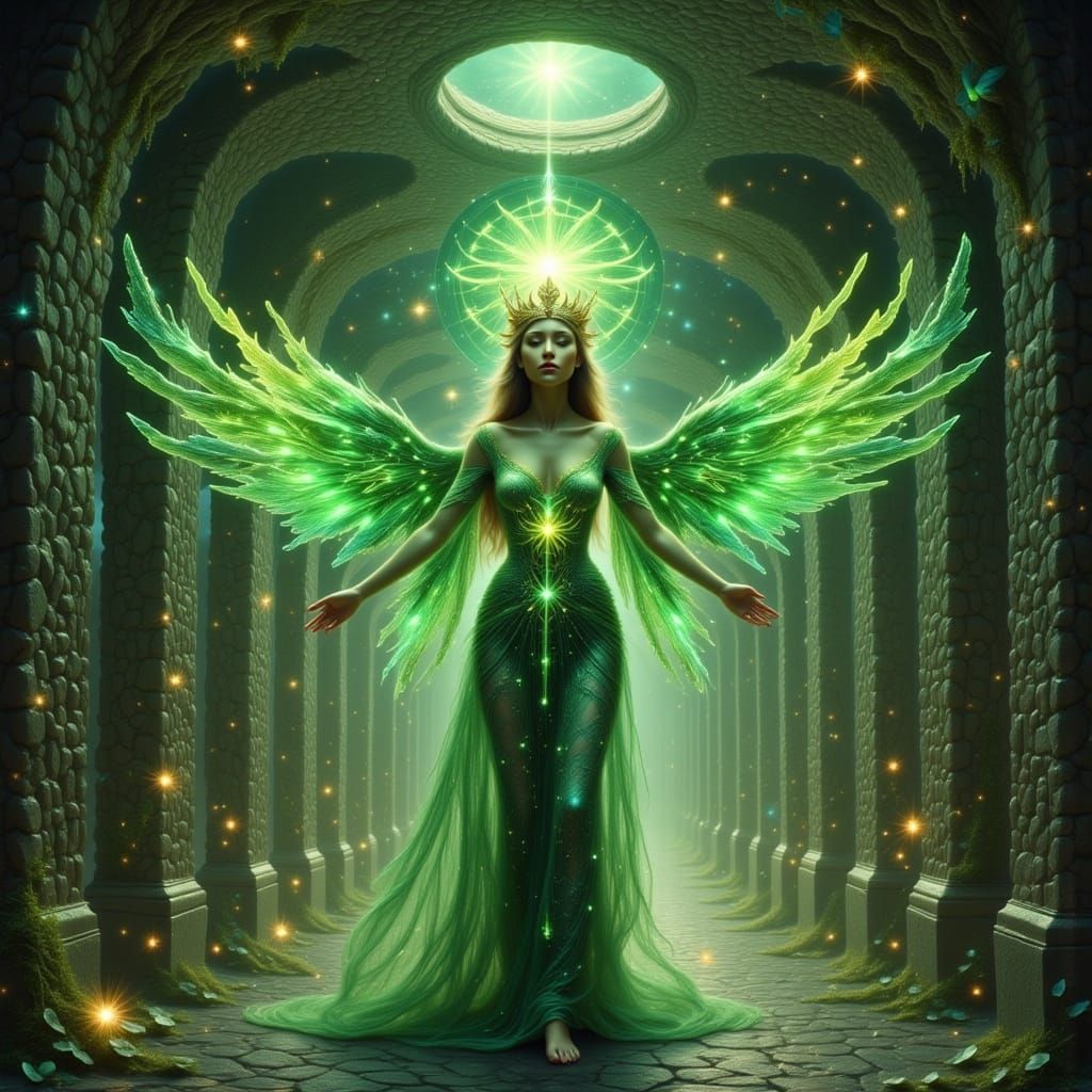 Fairy cosmic mystic woman green glow in stone hallway