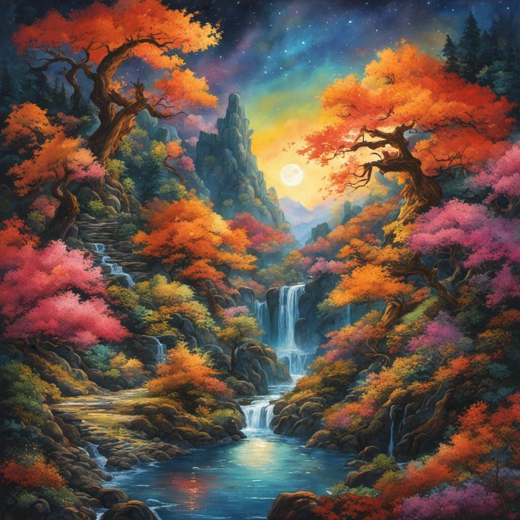 Lush Sunset Valley in Watercolor Gouache Style