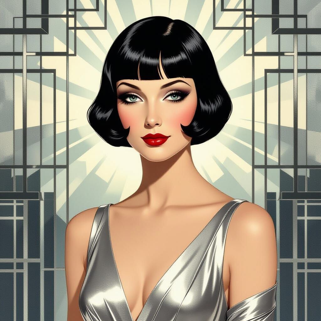 Art Deco Woman in Silver Satin Dress