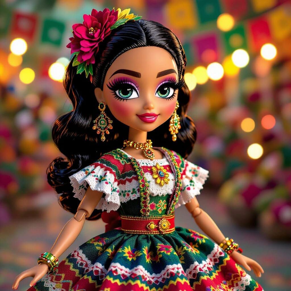 Bratz Doll in Vibrant Mexican Attire with Festive Background