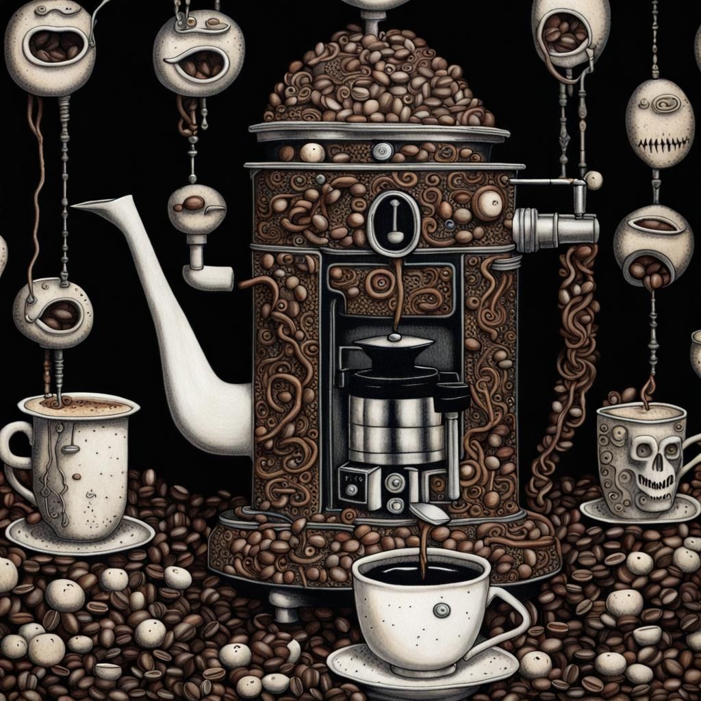 Creepy Coffee Maker with Worms as Dark Fantasy 3D Art