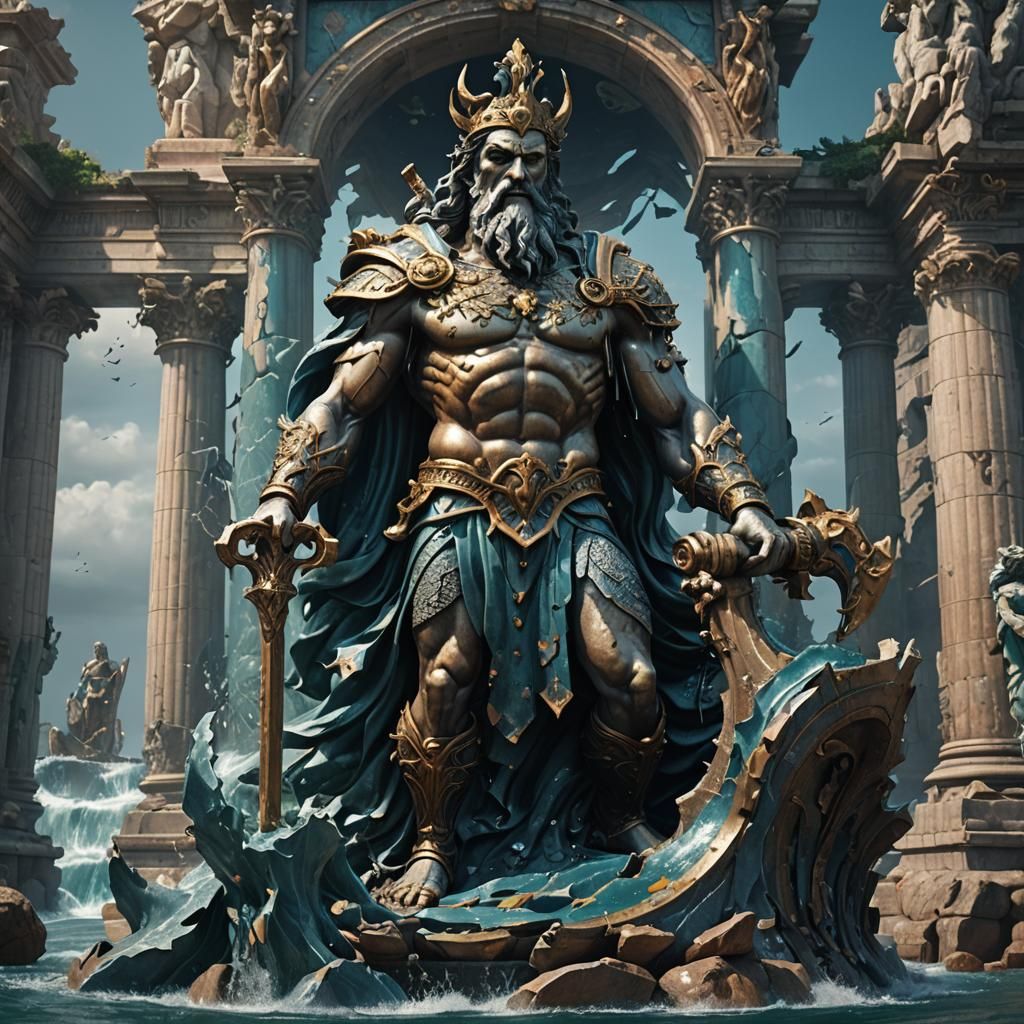 Broken Poseidon Statue in Detailed Matte Painting