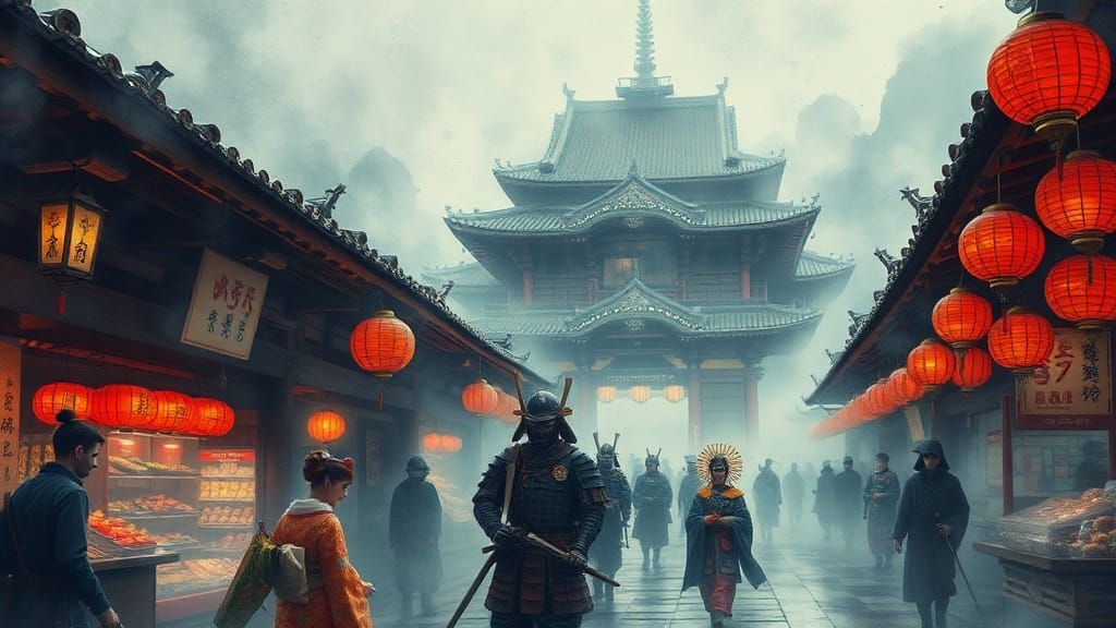Surreal Ancient Japanese Market with Samurai and Geisha