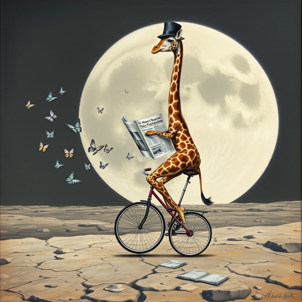 Surrealist Giraffe Pedals Unicycle on the Moon, Ignoring its...