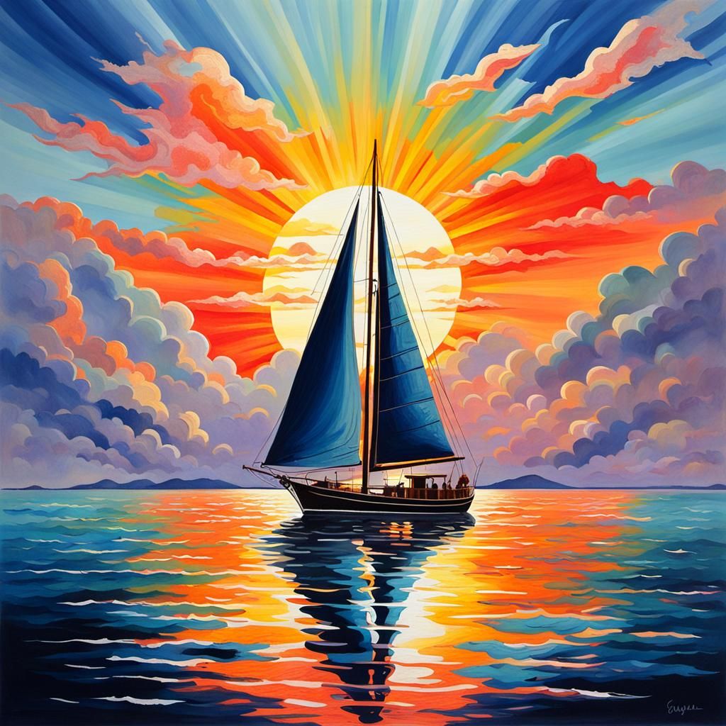 Sailboat at Sunset: Gouache Detailed Painting
