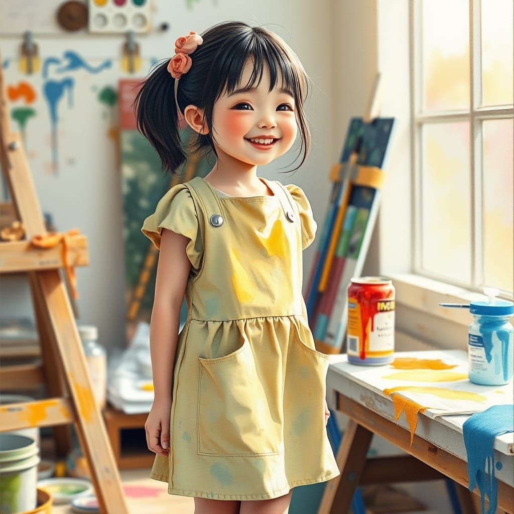 Charming Japanese Artist in Vibrant Studio