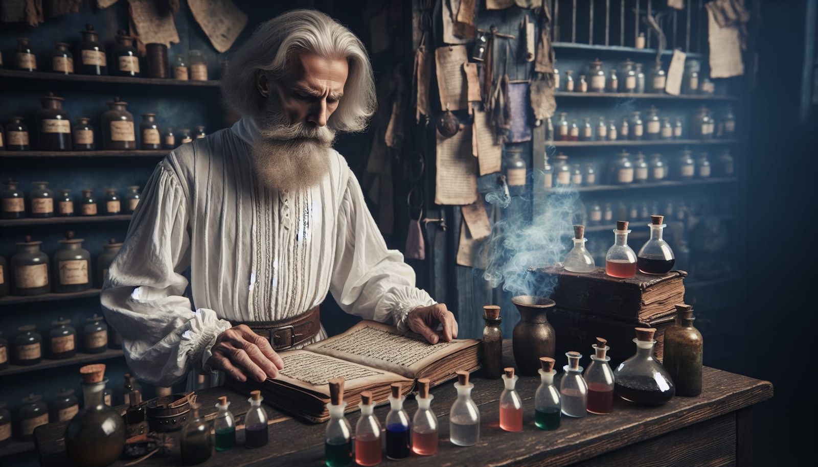 Medieval Apothecary Preparing Potion in Workshop