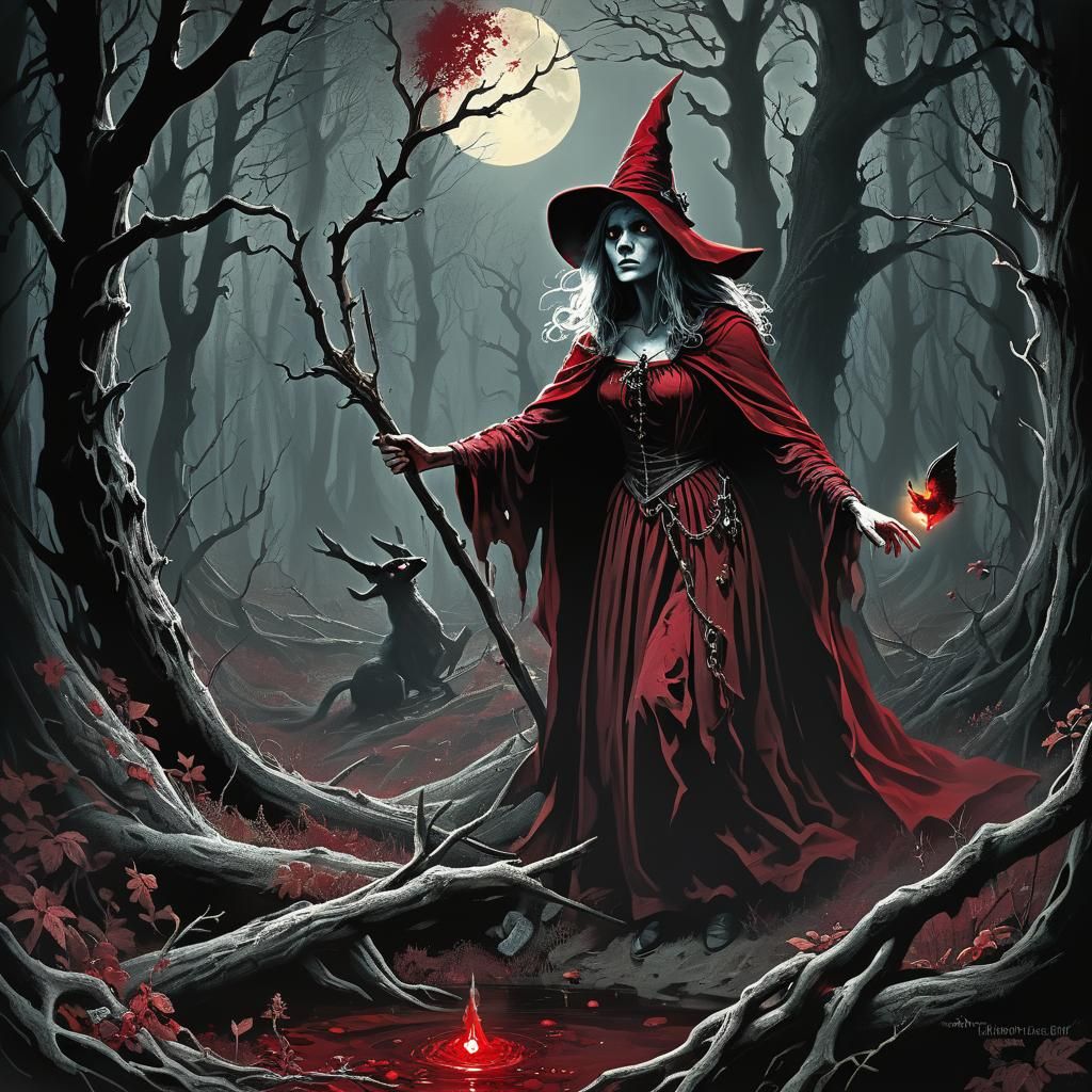 Ruby Forest Witch in Horror Illustration Style