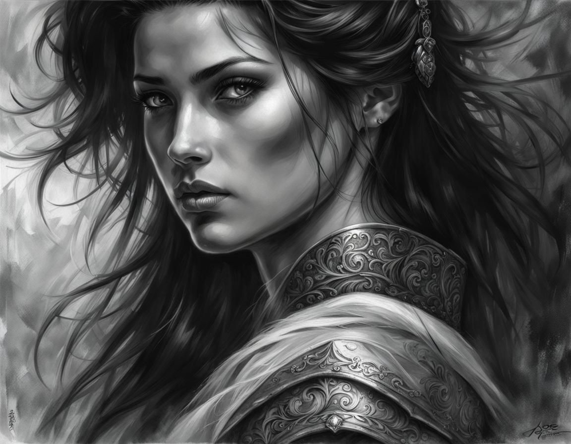 Detailed Grayscale Portrait of a Female Swordsman