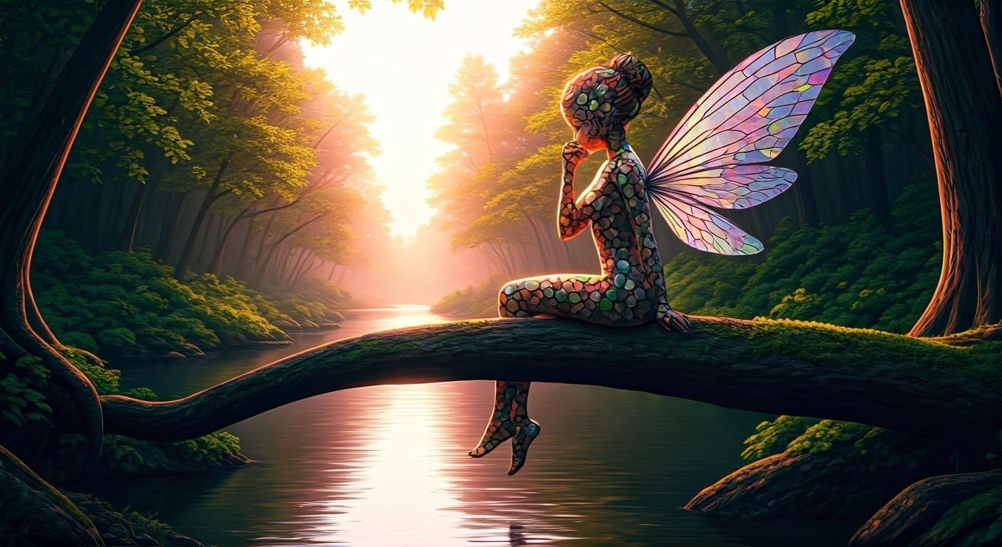 Mosaic Fairy Digital Art in Forest at Sunset