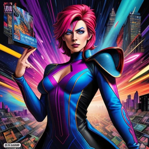 Woman in David Bowie Style in Vibrant Psychedelic City