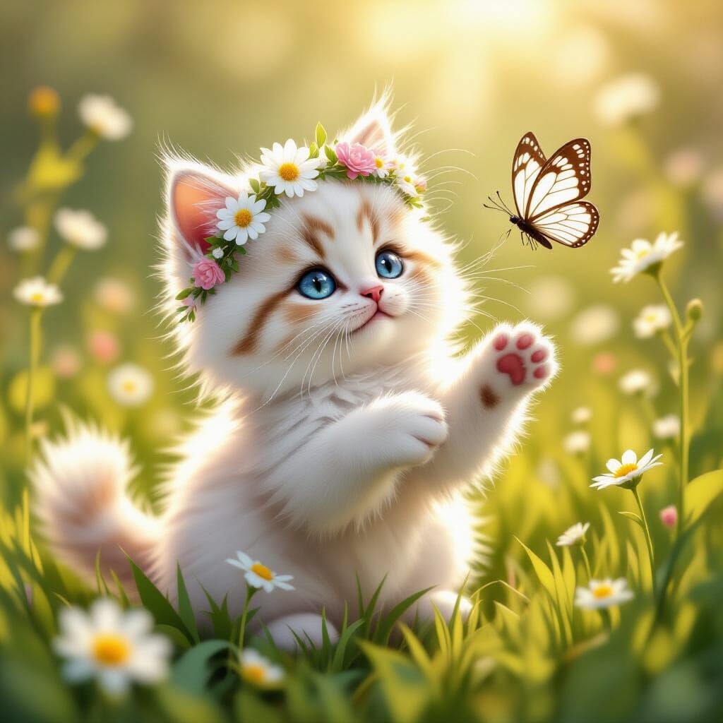 Fluffy Kitten with Flower Crown Chases Butterfly in Meadow
