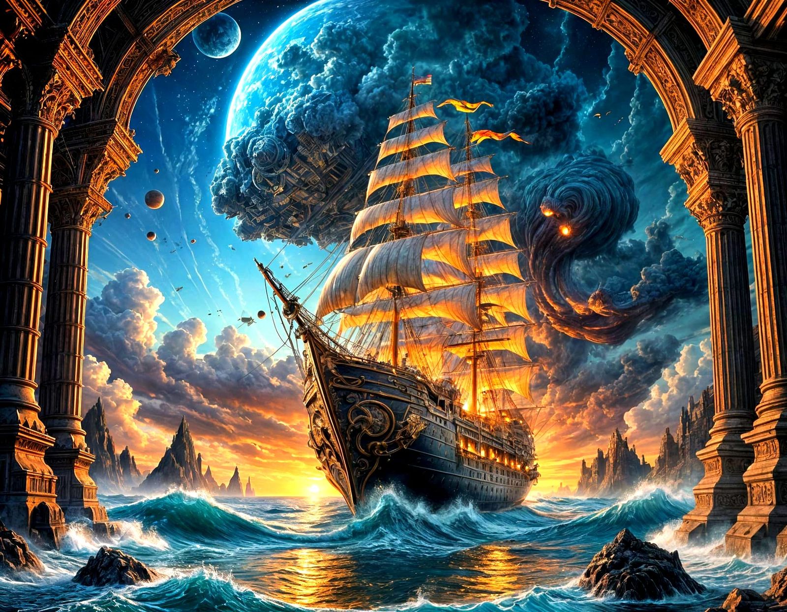 Retro-Futuristic Burning Ship on Ocean Under Stars