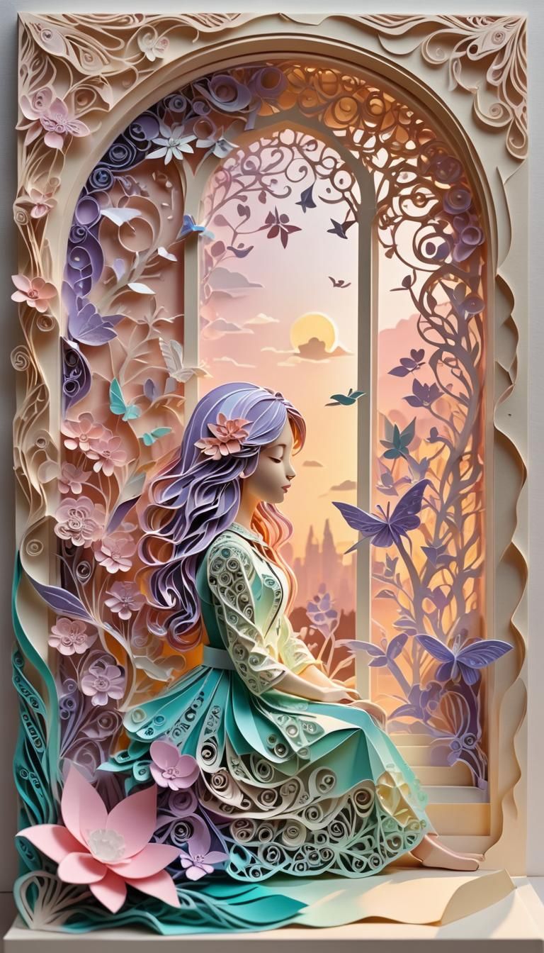Vibrant Paper Art: Girl by Window in Origami Style