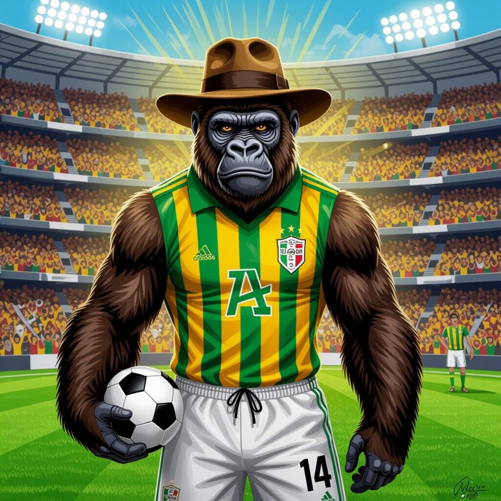 Gorilla Footballer in Indiana Jones Hat as Vibrant Oil Paint...