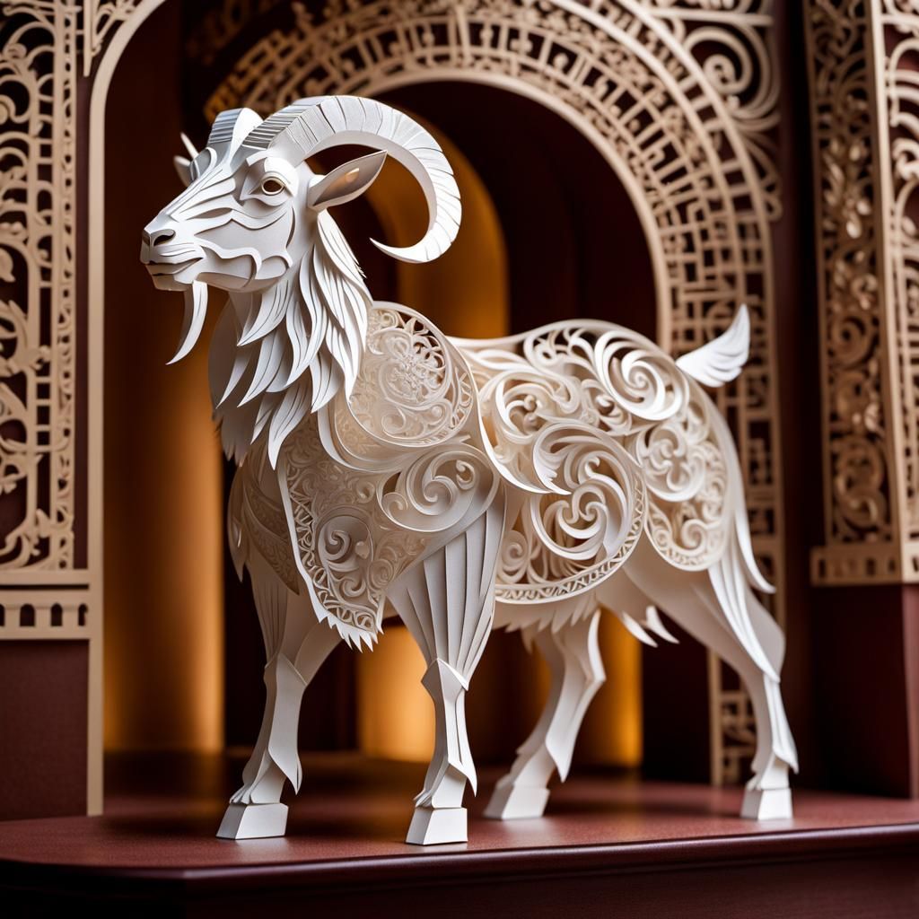 Hyperrealistic Kirigami Goat with Crown in Palace