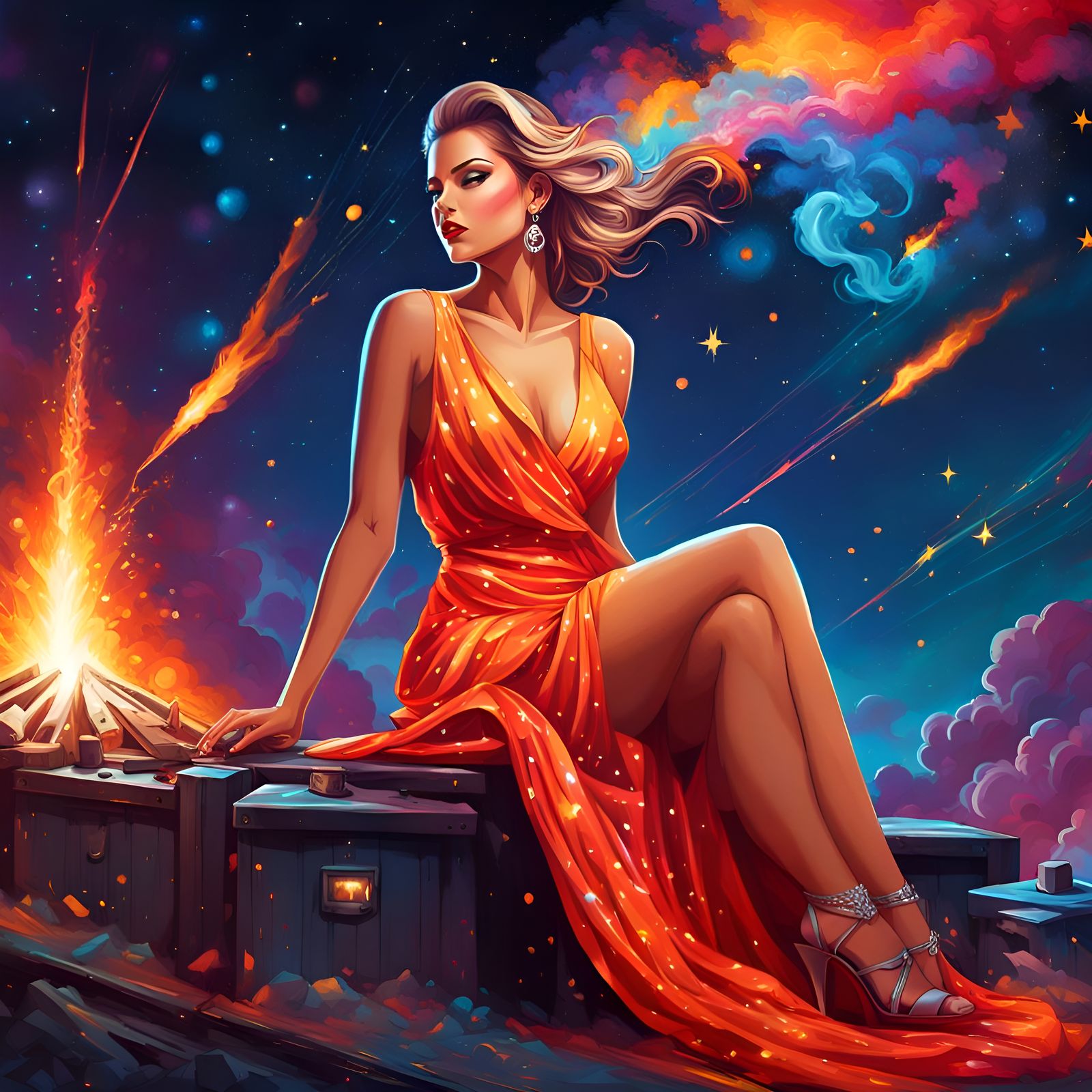 Sensual Woman Under Meteor Shower in Graffiti Art