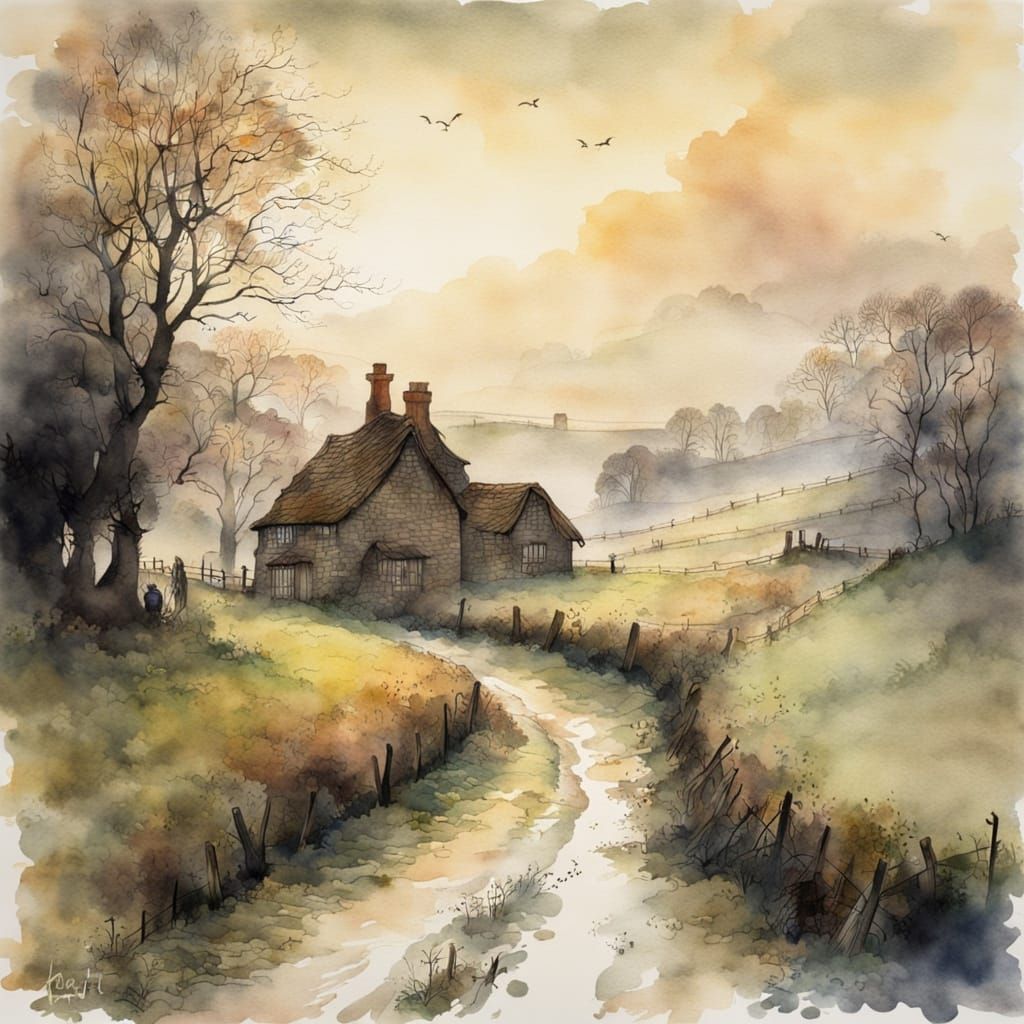 Misty British Landscape in Watercolour Style