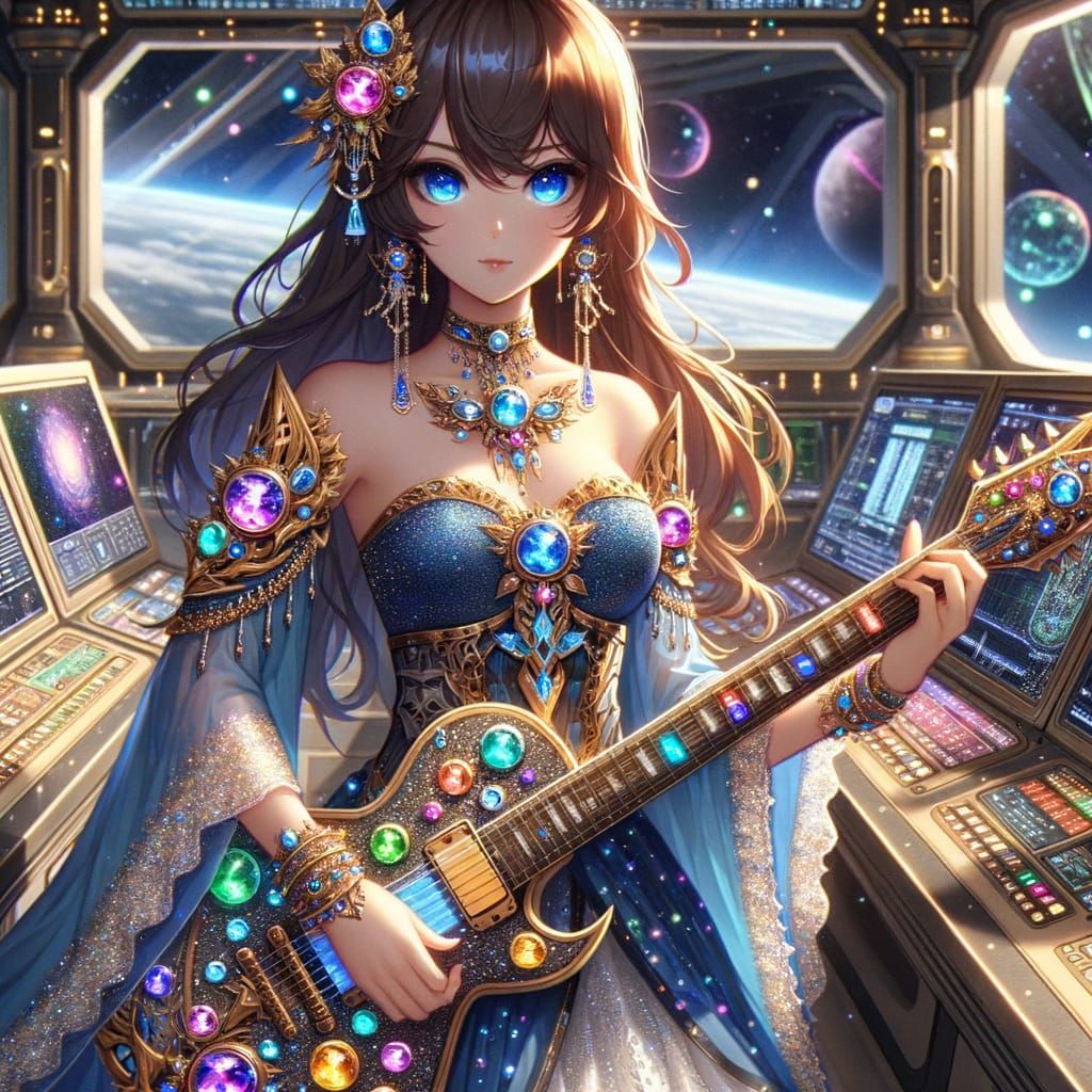Anime Woman in Celestial Armor on Starship Bridge