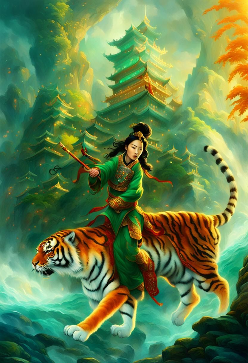 Chinese Warriors Riding Majestic Tigers in Fantasy Art