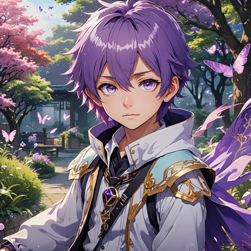 Anime Boy with Violet Hair in Manga Style