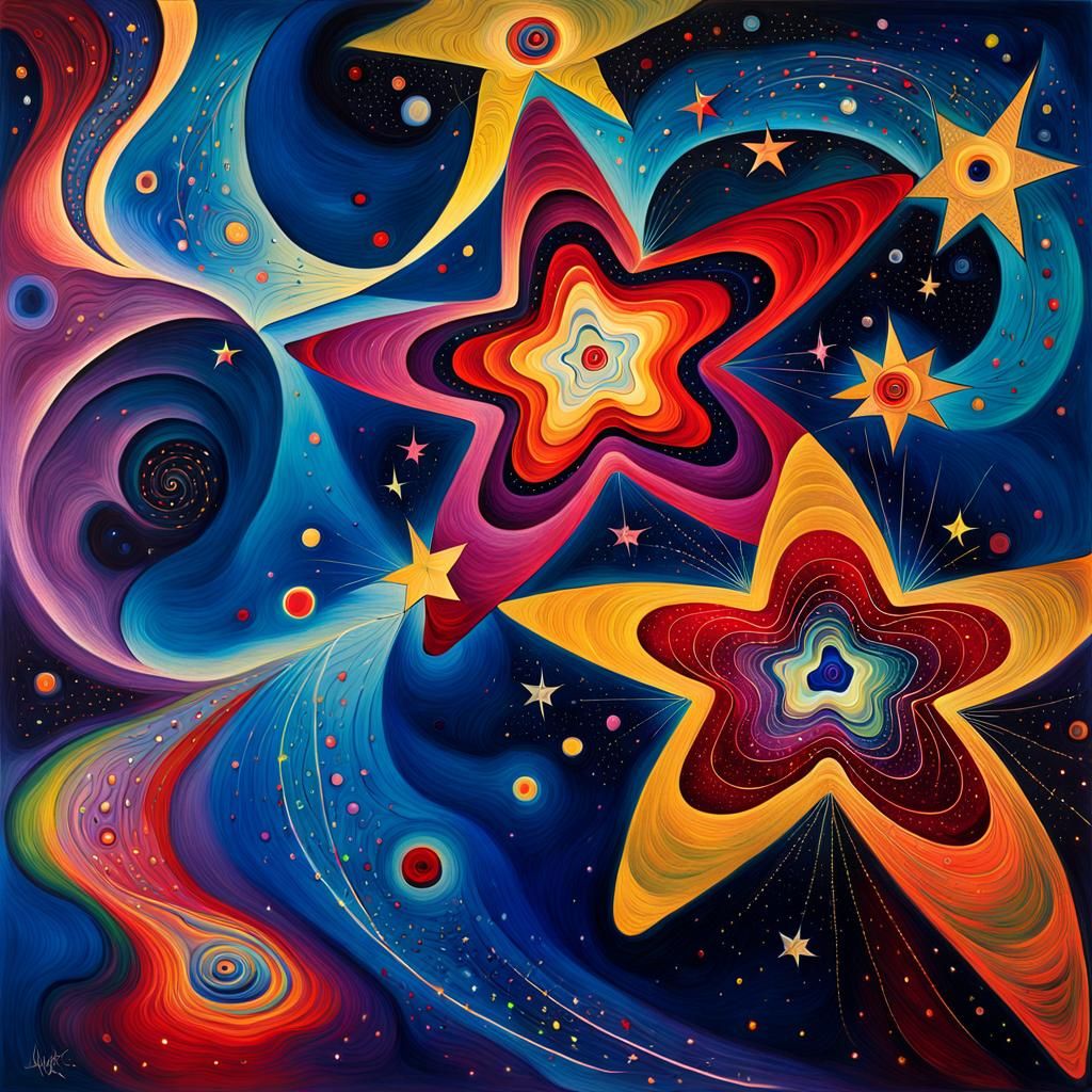 Abstract Fluorescent Star Maelstrom in Naive Art Style