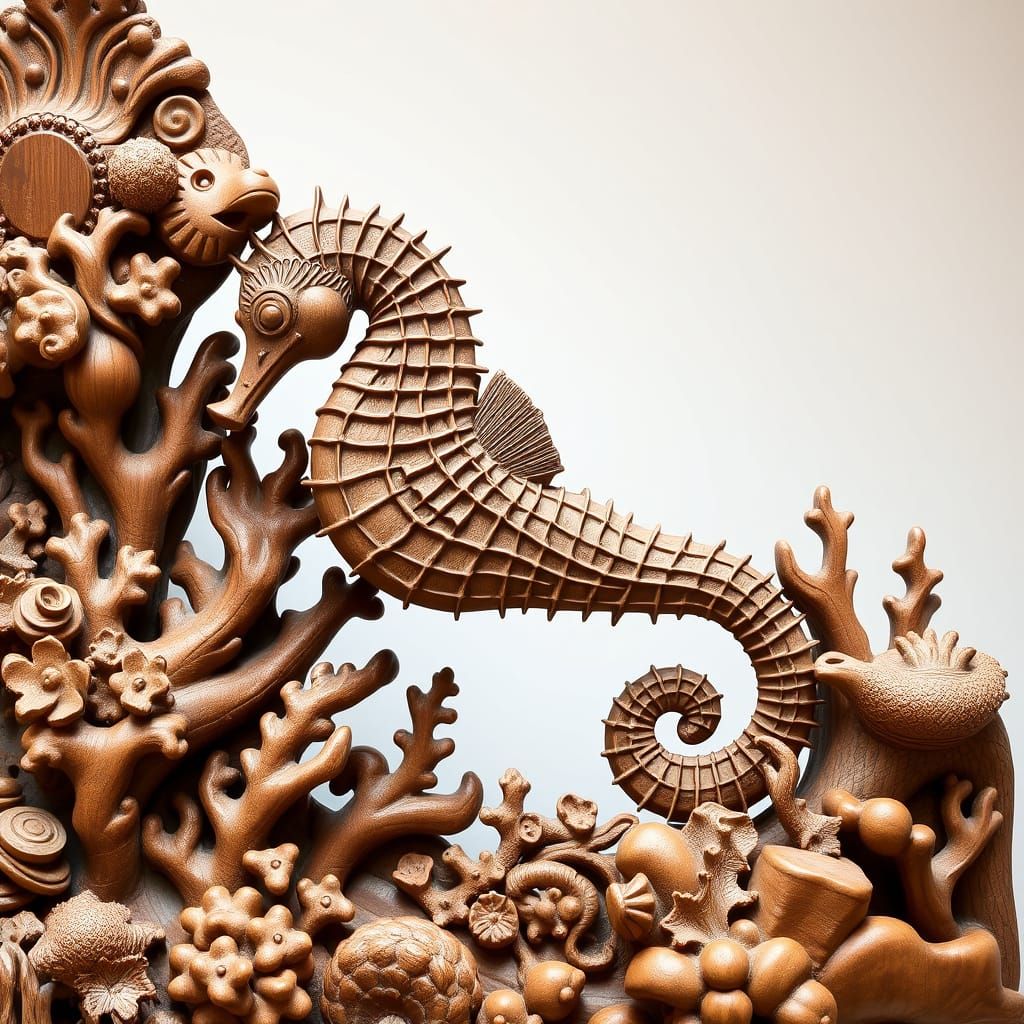 Ornate Wooden Sculpture of Seahorse Swimming in Coral Reef
