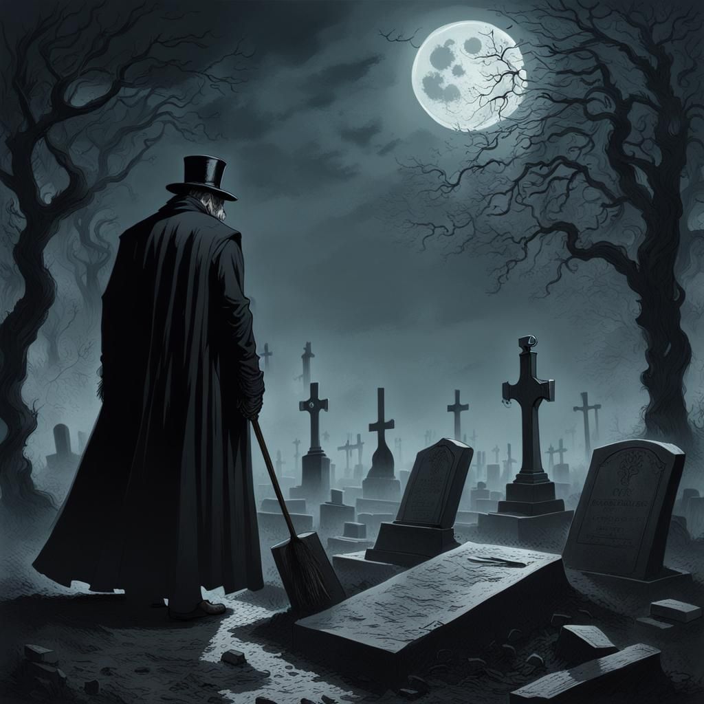 Undertaker Digging Grave in Foggy Cemetery at Night