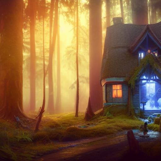 Smurf Family in Enchanted Forest, Art Nouveau Style