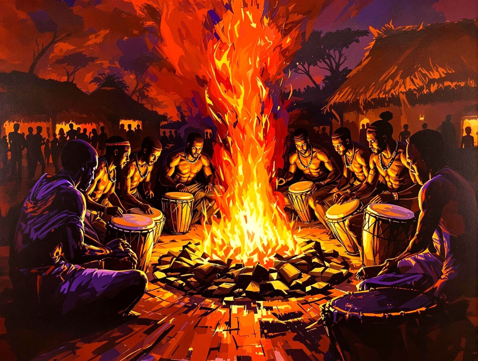 Ancestral Drummers in Kraal, Expressionist Oil Painting