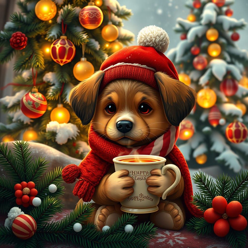 Cute Puppy Sips Tea by Christmas Tree in Whimsical Winter Wo...
