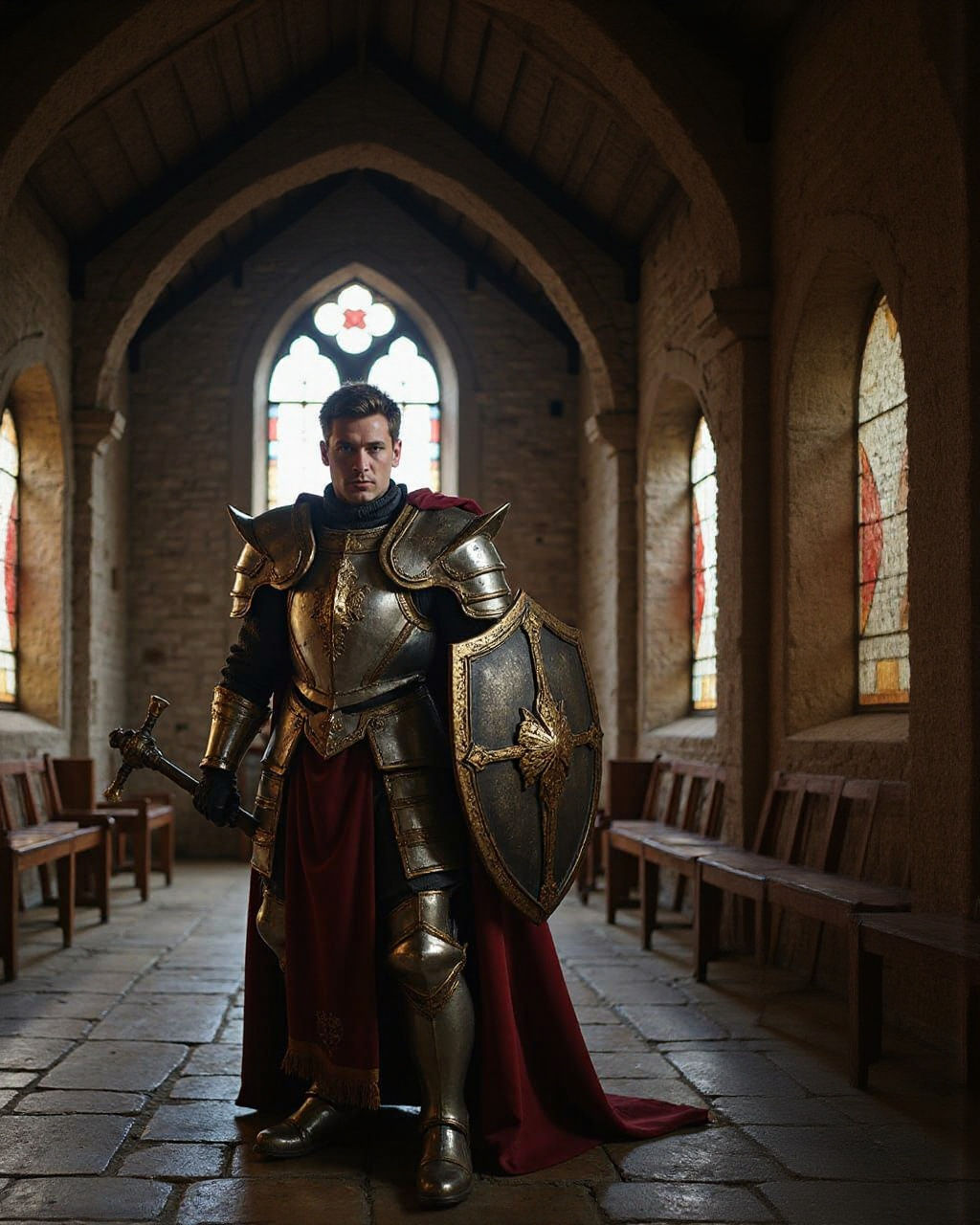 Diablo 3 Paladin Cosplay in Medieval Chapel