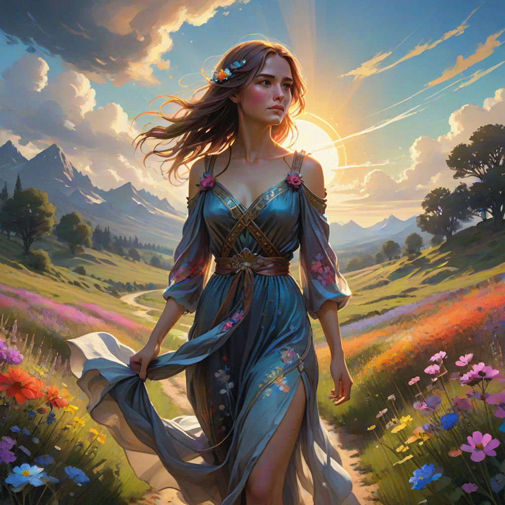 Sensual Woman Strolls Through a Vibrant Meadow in Watercolor...