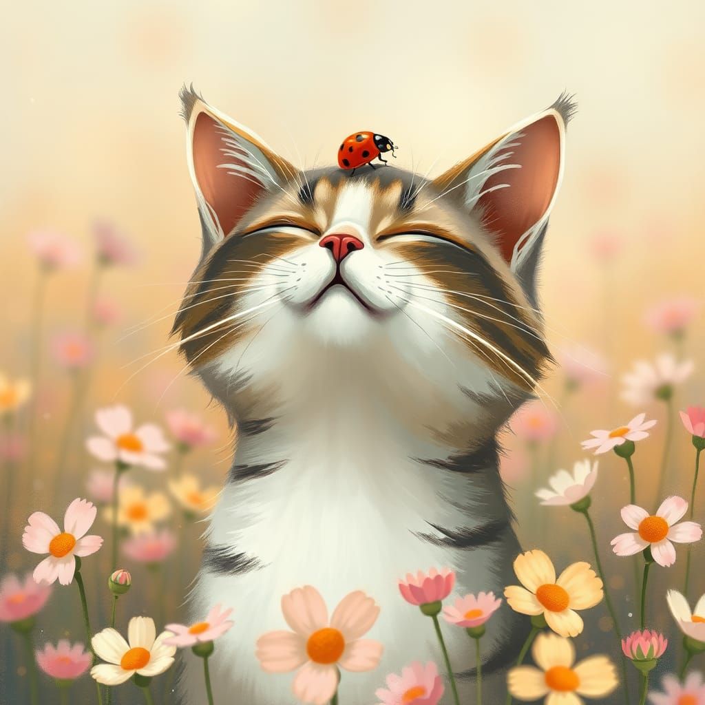 Cat in Flower Field with Ladybug, Folk Art