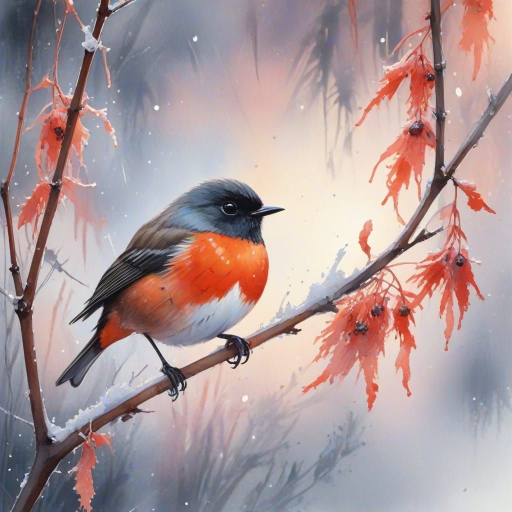 Scarlet Robin on Frosty Willow in Watercolour Style