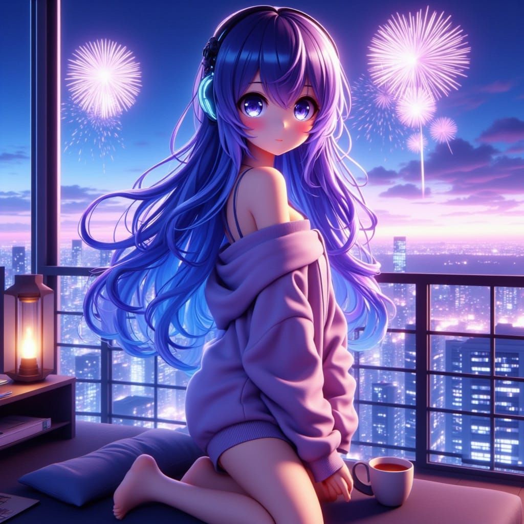 Girl in Celestial Hues Amidst Vibrant Fireworks