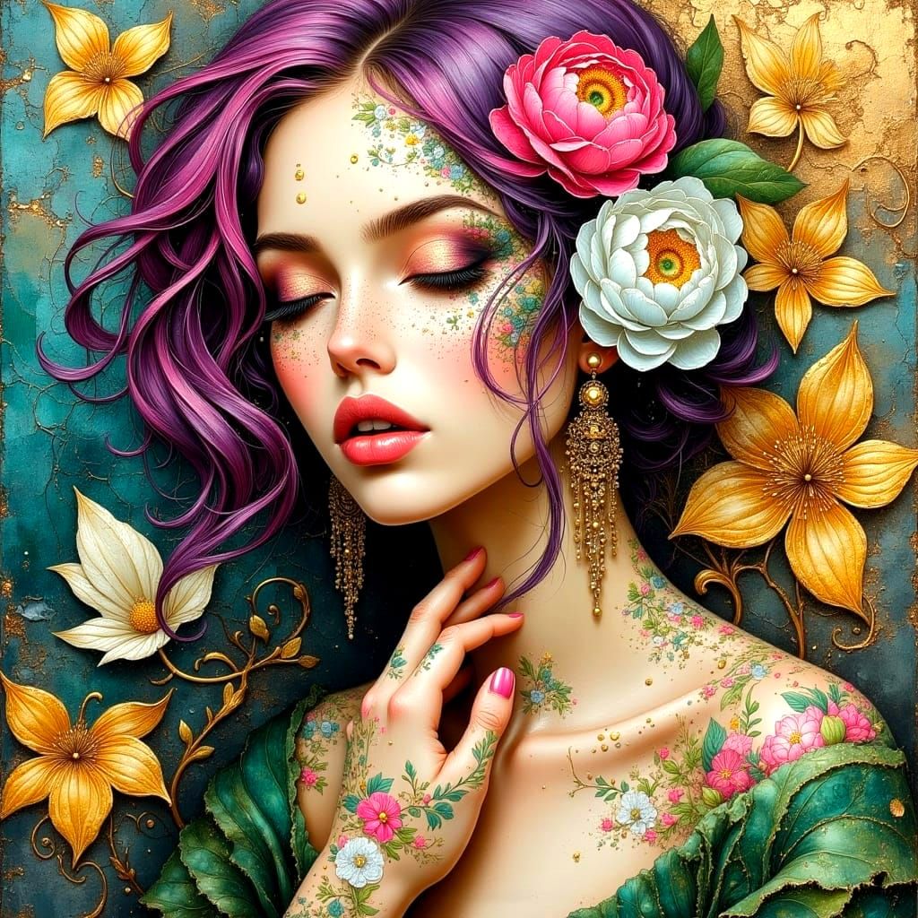 Impasto Oil Painting with Floral and Henna Details