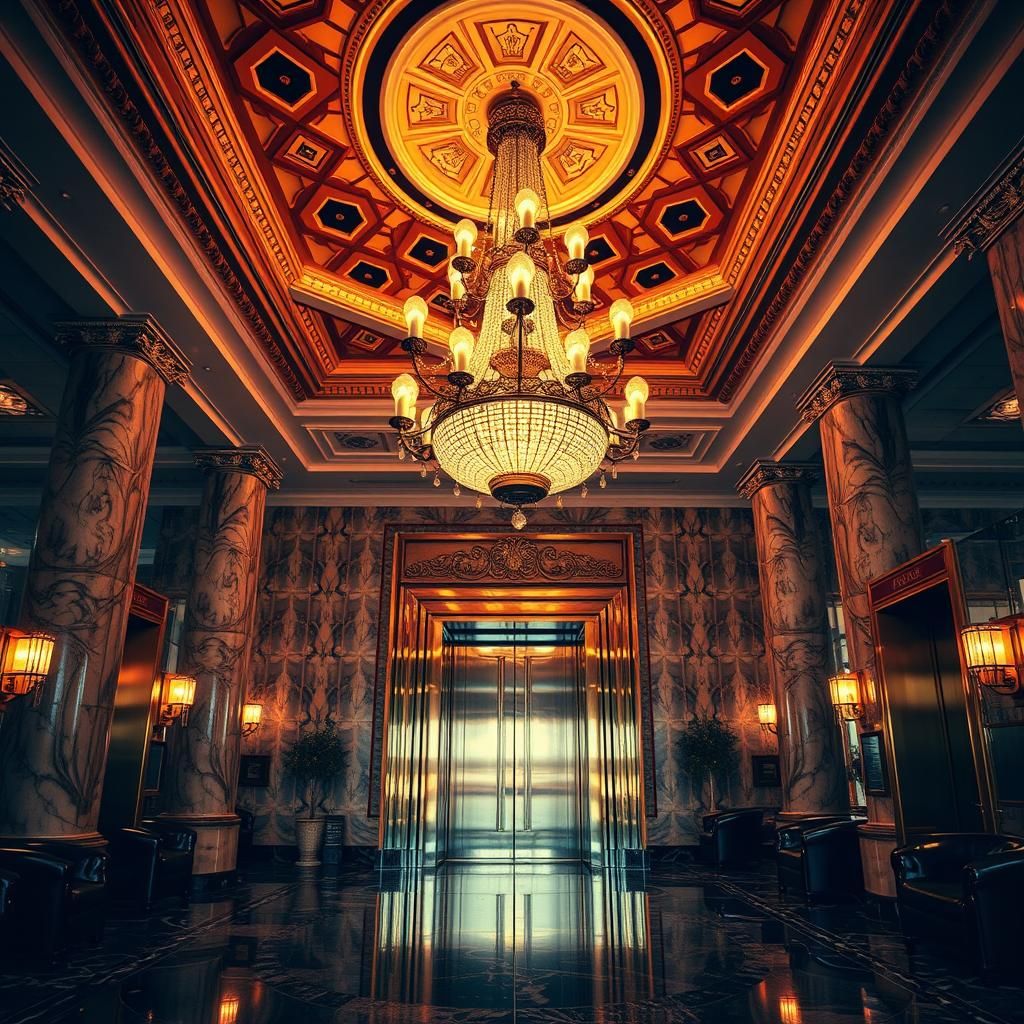 Art Deco Hotel Lobby with Chandelier Lighting