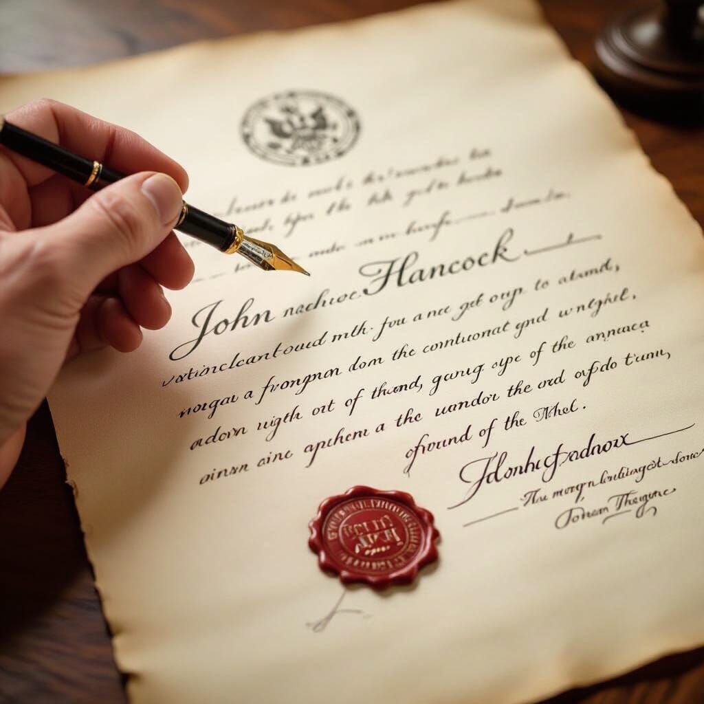 John Hancock Document Signed with Quill and Notarized Seal