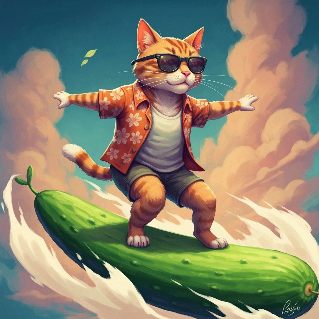 Cat Surfs Giant Cucumber in Whimsical Style