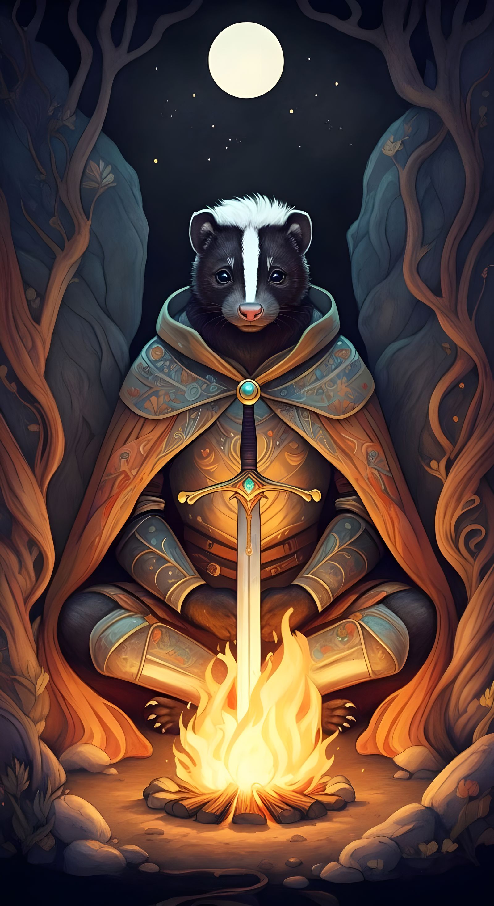 Mystical Skunk Knight in Moonlit Clearing