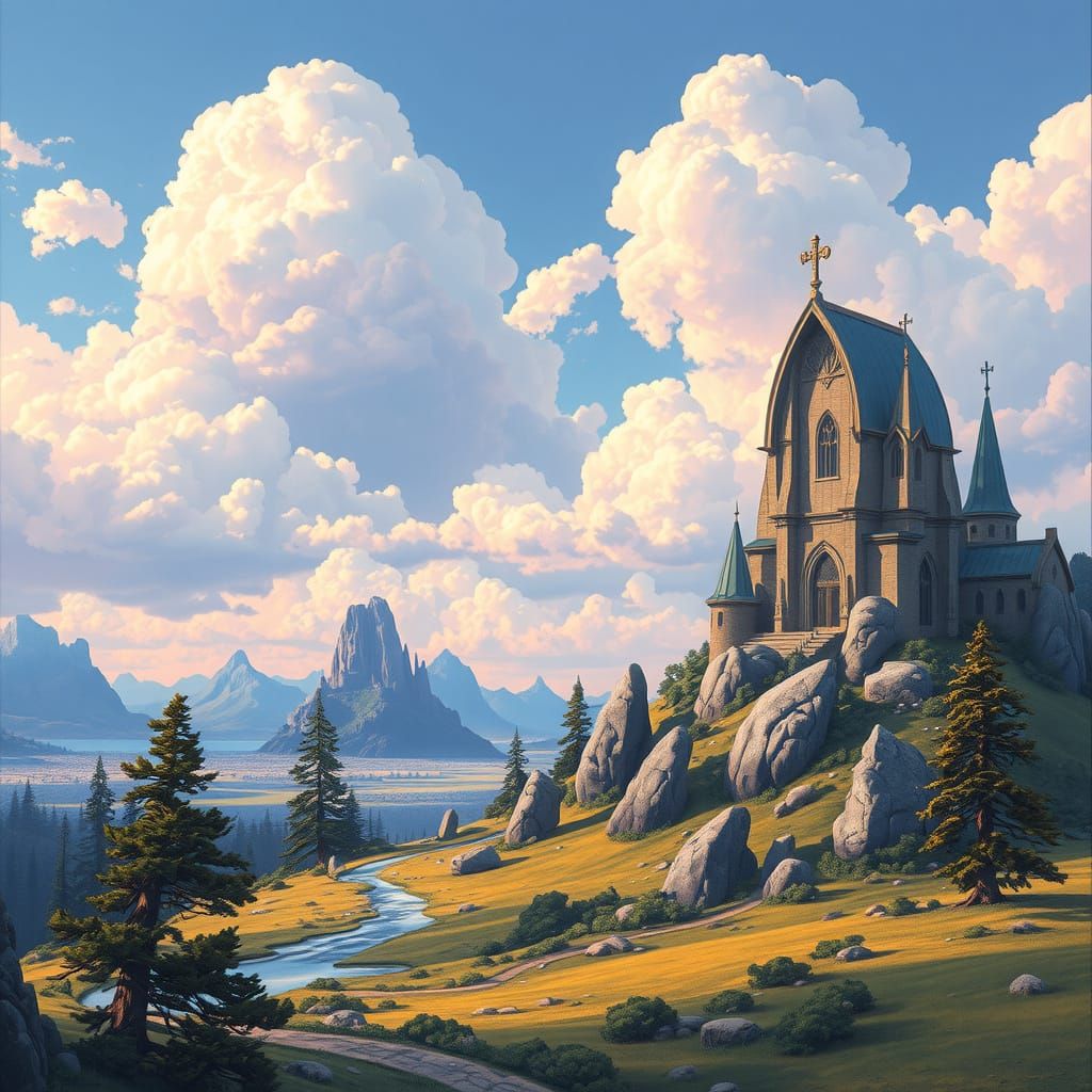 Opalescent Fantasy Landscape in 80s Style