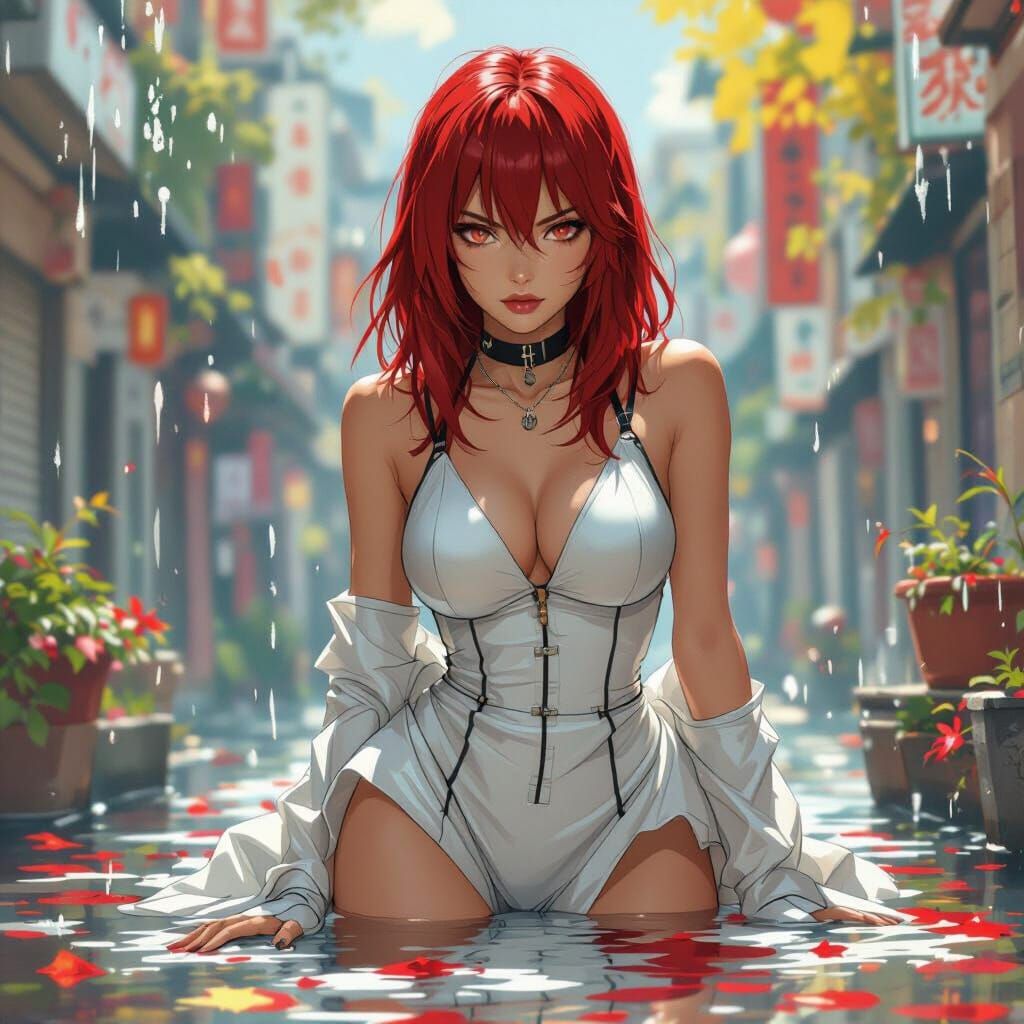 Anime Style Confident Woman in Leather Dress with Dramatic L...