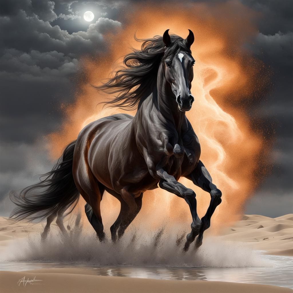 Black Arabian Horse Rearing on Desert Dune